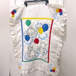Vintage Carters Baby White Ruffle Teddy Bear Stitch Balloons Clouds Blan…